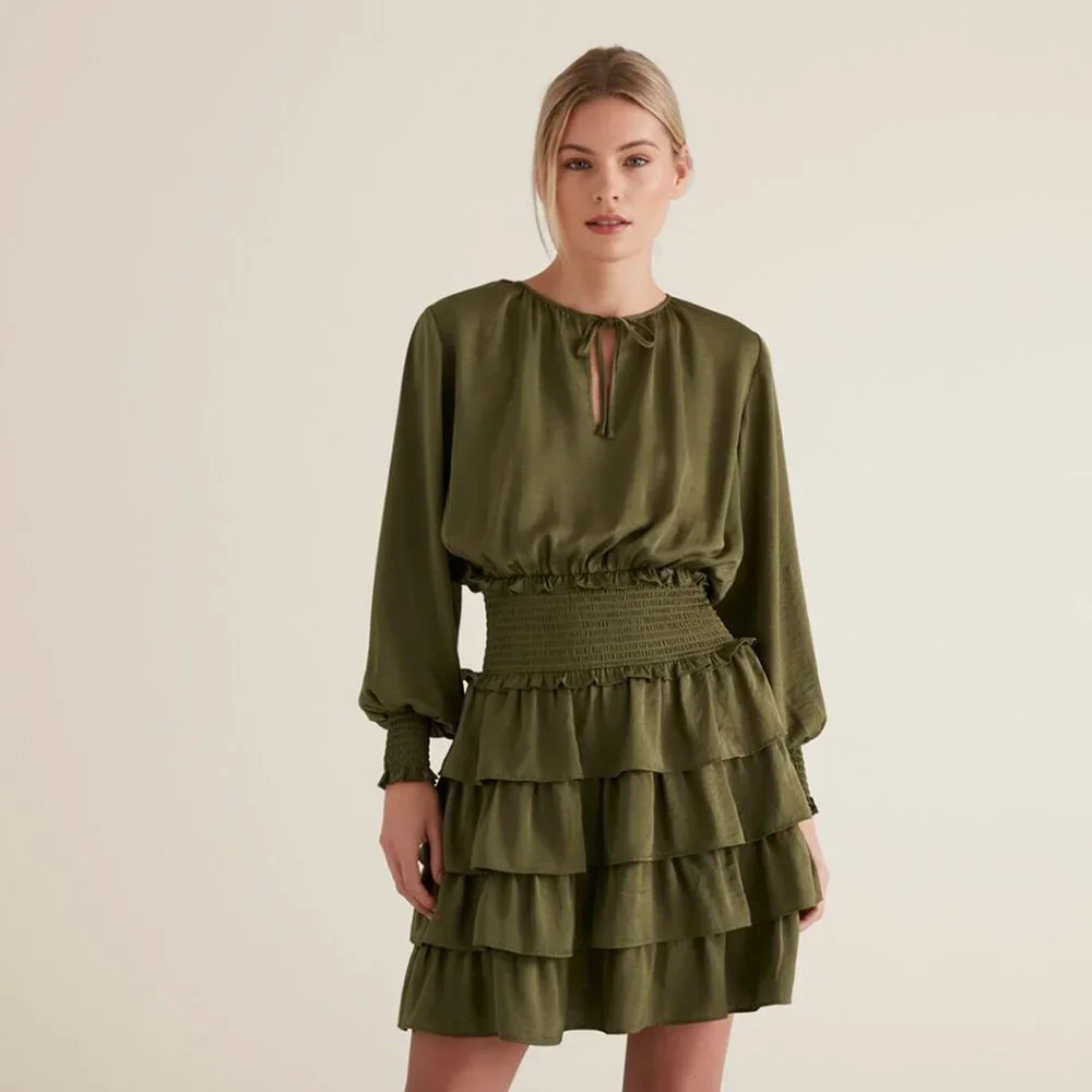SEED HERITAGE Khaki Green Tiered Frill Long Sleeve Mini Dress - Picture 8 of 13